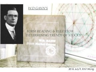 IN CHAPTER II OF NO.3 MASTER FORECASTING METHOD
W.D GANN’S
BOOK, STOCK MARKET TREND, WD GANN COURSE, WILLIAM DELBERT GANN, TRADING SYSTEM, TRADING RULES, GANN SQUARE OF NINE, 45 DEGREE LINE, GANN FAN, SQUARE OF 9, PDF, SOFTWARE, CYCLE, MATER TIME FACTOR, SWING
TECHNIQUE, PRICE TIME CYCLES
FORM READING & RULES FOR
DETERMINING TRENDS OF STOCKS
2016 July 9, Khit Wong
 