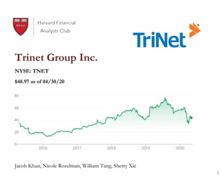 1
Trinet Group Inc.
NYSE: TNET
$48.97 as of 04/30/20
Jacob Khan, Nicole Rozelman, William Tang, Sherry Xie
 