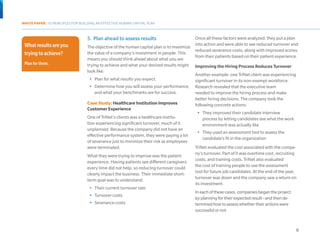 WHITE PAPER: 10 PRINCIPLES FOR BUILDING AN EFFECTIVE HUMAN CAPITAL PLAN



                                  5.	 Plan ahead to assess results                         Once all these factors were analyzed, they put a plan
 What results are you                                                                      into action and were able to see reduced turnover and
                                  The objective of the human capital plan is to maximize
                                                                                           reduced severance costs, along with improved scores
 trying to achieve?               the value of a company’s investment in people. This
                                                                                           from their patients based on their patient experience.
                                  means you should think ahead about what you are
 Plan for them.                   trying to achieve and what your desired results might    Improving the Hiring Process Reduces Turnover
                                  look like.
                                                                                           Another example: one TriNet client was experiencing
                                   •	 Plan for what results you expect.                    significant turnover in its non-exempt workforce.
                                   •	 Determine how you will assess your performance,      Research revealed that the executive team
                                      and what your benchmarks are for success.            needed to improve the hiring process and make
                                                                                           better hiring decisions. The company took the
                                  Case Study: Healthcare Institution Improves              following concrete actions:
                                  Customer Experience
                                                                                            •	 They improved their candidate interview
                                  One of TriNet’s clients was a healthcare institu-            process by letting candidates see what the work
                                  tion experiencing significant turnover, much of it           environment was actually like
                                  unplanned. Because the company did not have an
                                                                                            •	 They used an assessment tool to assess the
                                  effective performance system, they were paying a lot
                                                                                               candidate’s fit in the organization
                                  of severance just to minimize their risk as employees
                                  were terminated.                                         TriNet evaluated the cost associated with the compa-
                                                                                           ny’s turnover. Part of it was overtime cost, recruiting
                                  What they were trying to improve was the patient
                                                                                           costs, and training costs. TriNet also evaluated
                                  experience. Having patients see different caregivers
                                                                                           the cost of training people to use the assessment
                                  every time did not help, so reducing turnover could
                                                                                           tool for future job candidates. At the end of the year,
                                  clearly impact the business. Their immediate short-
                                                                                           turnover was down and the company saw a return on
                                  term goal was to understand:
                                                                                           its investment.
                                   •	 Their current turnover rate
                                                                                           In each of these cases, companies began the project
                                   •	 Turnover costs
                                                                                           by planning for their expected result –and then de-
                                   •	 Severance costs                                      termined how to assess whether their actions were
                                                                                           successful or not. 	



                                                                                                                                                 6
 