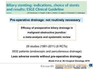 ENDOSCOPIA DIGESTIVA CHIRURGICA
UNIVERSITA’ CATTOLICA DEL SACRO CUORE
EUROPEAN ENDOSCOPY TRAINING CENTRE
Pre-operative drainage: not routinely necessary
Efficacy of preoperative biliary drainage in
malignant obstructive jaundice:
a meta-analysis and systematic review
26 studies (1981-2011) (8 RCTs)
3532 patients (endoscopic and percutaneous drainage)
Less adverse events without pre-operative drainage
Moole H et al, WJ Surgical Oncology 2016
 