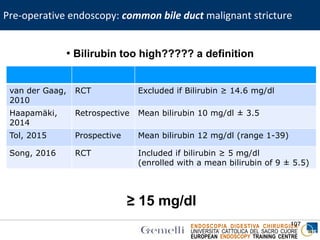 ENDOSCOPIA DIGESTIVA CHIRURGICA
UNIVERSITA’ CATTOLICA DEL SACRO CUORE
EUROPEAN ENDOSCOPY TRAINING CENTRE
Pre-operative endoscopy: common bile duct malignant stricture
107
• Bilirubin too high????? a definition
van der Gaag,
2010
RCT Excluded if Bilirubin ≥ 14.6 mg/dl
Haapamäki,
2014
Retrospective Mean bilirubin 10 mg/dl ± 3.5
Tol, 2015 Prospective Mean bilirubin 12 mg/dl (range 1-39)
Song, 2016 RCT Included if bilirubin ≥ 5 mg/dl
(enrolled with a mean bilirubin of 9 ± 5.5)
≥ 15 mg/dl
 