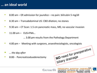ENDOSCOPIA DIGESTIVA CHIRURGICA
UNIVERSITA’ CATTOLICA DEL SACRO CUORE
EUROPEAN ENDOSCOPY TRAINING CENTRE
… an ideal world
115
• 8.00 am – ER admission for jaundice – no pain: bilirubin 5 mg/dl
• 8.30 am – Transabdominal US: CBD dilation; no stones
• 9.30 am – CT Scan: 1.5 cm pancreatic mass, M0, no vascular invasion
• 11.00 am – EUS+FNA…
… 3.00 pm results from the Pathology Department
• 4.00 pm – Meeting with surgeons, anaesthesiologists, oncologists
 … the day after
• 8:00 - Pancreaticoduodenectomy
 