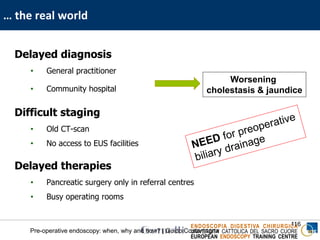 ENDOSCOPIA DIGESTIVA CHIRURGICA
UNIVERSITA’ CATTOLICA DEL SACRO CUORE
EUROPEAN ENDOSCOPY TRAINING CENTRE
… the real world
116
Pre-operative endoscopy: when, why and how? | Guido Costamagna
Delayed diagnosis
• General practitioner
• Community hospital
Difficult staging
• Old CT-scan
• No access to EUS facilities
Delayed therapies
• Pancreatic surgery only in referral centres
• Busy operating rooms
Worsening
cholestasis & jaundice
 