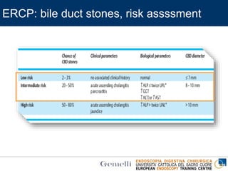ENDOSCOPIA DIGESTIVA CHIRURGICA
UNIVERSITA’ CATTOLICA DEL SACRO CUORE
EUROPEAN ENDOSCOPY TRAINING CENTRE
ERCP: bile duct stones, risk assssment
 