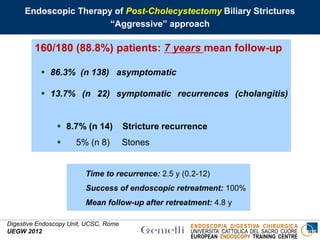 ENDOSCOPIA DIGESTIVA CHIRURGICA
UNIVERSITA’ CATTOLICA DEL SACRO CUORE
EUROPEAN ENDOSCOPY TRAINING CENTRE
Long-term results of endoscopic treatment
with multiple plastic stents
160/180 (88.8%) patients: 7 years mean follow-up
 86.3% (n 138) asymptomatic
 13.7% (n 22) symptomatic recurrences (cholangitis)
 8.7% (n 14) Stricture recurrence
 5% (n 8) Stones
Endoscopic Therapy of Post-Cholecystectomy Biliary Strictures
“Aggressive” approach
Digestive Endoscopy Unit, UCSC, Rome
UEGW 2012
Time to recurrence: 2.5 y (0.2-12)
Success of endoscopic retreatment: 100%
Mean follow-up after retreatment: 4.8 y
 