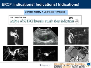 ENDOSCOPIA DIGESTIVA CHIRURGICA
UNIVERSITA’ CATTOLICA DEL SACRO CUORE
EUROPEAN ENDOSCOPY TRAINING CENTRE
Clinical history + Lab tests + imaging
ERCP. Indications! Indications! Indications!
P.B. Cotton, GIE 2006 54%
 