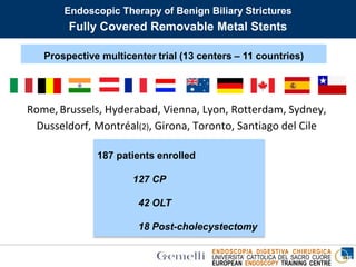 ENDOSCOPIA DIGESTIVA CHIRURGICA
UNIVERSITA’ CATTOLICA DEL SACRO CUORE
EUROPEAN ENDOSCOPY TRAINING CENTRE
Rome,Brussels, Hyderabad, Vienna, Lyon, Rotterdam, Sydney,
Dusseldorf, Montréal(2), Girona, Toronto, Santiago del Cile
187 patients enrolled
127 CP
42 OLT
18 Post-cholecystectomy
Endoscopic Therapy of Benign Biliary Strictures
Fully Covered Removable Metal Stents
Prospective multicenter trial (13 centers – 11 countries)
 