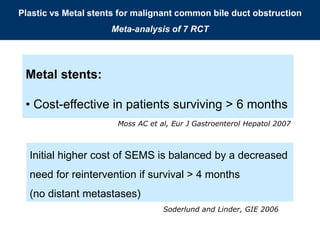 Moss AC et al, Eur J Gastroenterol Hepatol 2007
Plastic vs Metal stents for malignant common bile duct obstruction
Meta-analysis of 7 RCT
Metal stents:
• Cost-effective in patients surviving > 6 months
Initial higher cost of SEMS is balanced by a decreased
need for reintervention if survival > 4 months
(no distant metastases)
Soderlund and Linder, GIE 2006
 