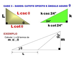 L
θ
L cot θ
L csc θ
k
o
24
o
k csc 24
o
k cot 24
EXEMPLO
α
θ)
)
m
Calcular L e M termos de
m α y θ;
L
CASO 3 – DADOS: CATETO OPOSTO E ÂNGULO AGUDO θ
 
