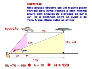 UMa pessoa observa em um mesmo plano
vertical dois ovnis voando a uma mesma
altura com ângulos de elevação de 530
e
370
se a distância entre os ovnis é de
70m. A que altura estão os ovnis?
EXEMPLO:
SOLUÇÃO
) ) o
37
O
53
70
12k 12k
)
O
53
9k
) o
37
16k
+
9k +70 = 16k k = 10 H = 120
=H
 