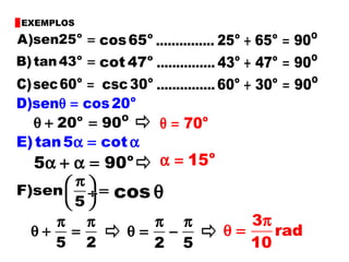EXEMPLOS
o
A)sen25 =
o
B)tan43 =
o
C)sec60 =
o
cos65
o
cot 47
o
csc30
...............
...............
...............
o o O
25 65 90+ =
o o O
43 47 90+ =
o o O
60 30 90+ =
o
D)sen cos20θ =
o O
20 90θ + = o
70θ =
E)tan5 cotα = α
o
5 90α + α =
o
15α =
F)sen
5
π  = ÷
 
cos θ
5 2
π π
θ + =
2 5
π π
θ = −
3
rad
10
π
θ =
 