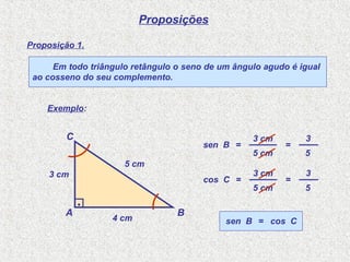 Proposições
5 cm
3 cm
sen B =
A B
C
.
5 cm
3 cm
4 cm
Proposição 1.
5
3
=
Exemplo:
Em todo triângulo retângulo o seno de um ângulo agudo é igual
ao cosseno do seu complemento.
5 cm
3 cm
cos C =
5
3
=
sen B = cos C
 