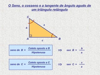 Hipotenusa
Cateto oposto a B
O Seno, o cosseno e a tangente de ângulo agudo de
um triângulo retângulo
A B
C
.
seno de B =
a
b
sen B =
a
b
c
⇒
Hipotenusa
Cateto oposto a C
seno de C =
a
c
sen C =⇒
 