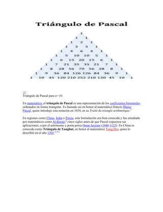 Triángulo de Pascal para n=10.<br />En matemática, el triángulo de Pascal es una representación de los coeficientes binomiales ordenados en forma triangular. Es llamado así en honor al matemático francés Blaise Pascal, quien introdujo esta notación en 1654, en su Traité du triangle arithmétique.[1]<br />En regiones como China, India o Persia, esta formulación era bien conocida y fue estudiada por matemáticos como Al-Karaji,[2] cinco siglos antes de que Pascal expusiera sus aplicaciones, o por el astrónomo y poeta persa Omar Jayyam (1048-1123). En China es conocido como Triángulo de Yanghui, en honor al matemático Yang Hui, quien lo describió en el año 1303.[3] [4] [5]<br /> Composición del Triángulo de Pascal<br />El triángulo de Pascal se construye de la siguiente manera: se comienza en el número «1» centrado en la parte superior; después se escriben una serie de números en las casillas situadas en sentido diagonal descendente, a ambos lados, del siguiente modo: se suman las parejas de cifras situadas horizontalmente (1 + 1), y el resultado (2) se escribe debajo de dichas casillas; el proceso continúa escribiendo en las casillas inferiores la suma de las dos cifras situadas sobre ellas (1 + 2 = 3)...<br />La construcción del triángulo está relacionada con los coeficientes binomiales según la fórmula (también llamada Regla de Pascal):<br />Si <br />entonces <br />para todo entero positivo n y todo entero positivo k entre 0 y n.<br />Las cifras escritas en cada fila del triángulo, corresponden a los coeficientes del desarrollo binomial:<br />