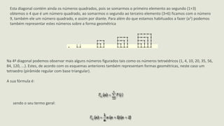 Esta diagonal contém ainda os números quadrados, pois se somarmos o primeiro elemento ao segundo (1+3)
 obtemos o 4 que é um número quadrado, ao somarmos o segundo ao terceiro elemento (3+6) ficamos com o número
 9, também ele um número quadrado, e assim por diante. Para além do que estamos habituados a fazer (a2) podemos
 também representar estes números sobre a forma geométrica




Na 4ª diagonal podemos observar mais alguns números figurados tais como os números tetraédricos (1, 4, 10, 20, 35, 56,
84, 120, ...). Estes, de acordo com os esquemas anteriores também representam formas geométricas, neste caso um
tetraedro (pirâmide regular com base triangular).

A sua fórmula é:




   sendo o seu termo geral:
 