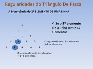 Regularidades do Triângulo De Pascal
    A Importância do 2º ELEMENTO DE UMA LINHA



                 1                              Se o 2º elemento
                                               é n a linha tem n+1
             1       1
                                               elementos.
         1       2       1

     1       3       3        1         O segundo elemento é 3, a linha tem
                                        3+1 = 4 elementos.
1        4       6        4       1

             O segundo elemento é 4, a linha tem
             4+1 = 5 elementos.
 
