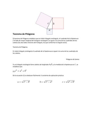 Teorema de Pitágoras
El teorema de Pitágoras establece que en todo triángulo rectángulo, el cuadrado de la hipotenusa
("el lado de mayor longitud del triángulo rectángulo") es igual a la suma de los cuadrados de los
catetos (los dos lados menores del triángulo, los que conforman el ángulo recto).
Teorema de Pitágoras
En todo triángulo rectángulo el cuadrado de la hipotenusa es igual a la suma de los cuadrados de
los catetos.

Pitágoras de Samos
Si un triángulo rectángulo tiene catetos de longitudes y , y la medida de la hipotenusa es , se
establece que:
(1)
De la ecuación (1) se deducen fácilmente 3 corolarios de aplicación práctica:

 