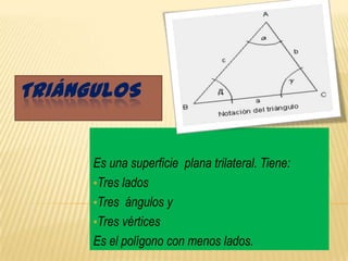 TRIÁNGULOS


      Es una superficie plana trilateral. Tiene:
      •Tres lados
      •Tres ángulos y
      •Tres vértices
      Es el polígono con menos lados.
 