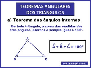 Prof.: Rodrigo Carvalho
TEOREMAS ANGULARES
DOS TRIÂNGULOS
a) Teorema dos ângulos internos
Em todo triângulo, a soma das medidas dos
três ângulos internos é sempre igual a 180º.
A
CB
A + B + C = 180º
 