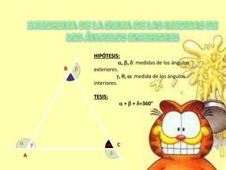 A
B
C
HIPÓTESIS:
, , : medidas de los ángulos
exteriores.
, , : medida de los ángulos
interiores.
TESIS:
 +  + =360°





 