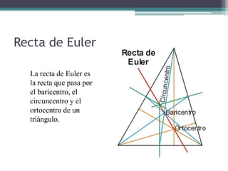Recta de Euler

  La recta de Euler es
  la recta que pasa por
  el baricentro, el
  circuncentro y el
  ortocentro de un
  triángulo.
 