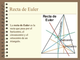Recta de EulerLa recta de Euler es la recta que pasa por el baricentro, el circuncentro y el ortocentro de un triangulo.