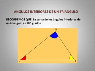 ANGULOS INTERIORES DE UN TRIÁNGULO

RECORDEMOS QUE: La suma de los ángulos interiores de
un triángulo es 180 grados
 