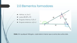 2.0 Elementos formadores 
Vértice: A, B e C 
Lados:퐴퐵,퐵퐶푒퐶퐴 
Ângulos internos: Â, 퐵푒 퐶 
Ângulos externos: 훼, 훽푒 훾 
O.M.I.Em qualquer triângulo, cada lado é menor que a soma dos outros dois.  