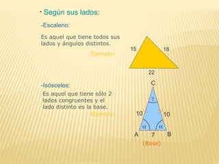 • Según sus lados:
-Escaleno:
Es aquel que tiene todos sus
lados y ángulos distintos.
Ejemplo:
-Isósceles:
Es aquel que tiene sólo 2
lados congruentes y el
lado distinto es la base.
Ejemplo:
(Base)
 