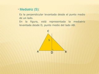 A B
C
S
• Mediatriz (S):
Es la perpendicular levantada desde el punto medio
de un lado.
En la figura, está representada la mediatriz
levantada desde D, punto medio del lado AB.
 