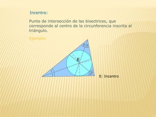 Incentro:
Punto de intersección de las bisectrices, que
corresponde al centro de la circunferencia inscrita al
triángulo.
Ejemplo:
E: Incentro
 