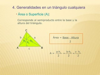 4. Generalidades en un triángulo cualquiera
• Área o Superficie (A):
Corresponde al semiproducto entre la base y la
altura del triángulo.
Área = Base ∙ Altura
2
A =
A B
C
ab
c
hc
ha hb
2
c∙ hca∙ha
2
=
2
b∙hb
=
 
