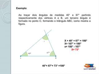 Exemplo:
Ao traçar dois ângulos de medidas 40° e 67° partindo
respectivamente dos vértices A e B, um terceiro ângulo é
formado no ponto C, formando o triângulo ABC, como mostra a
figura.
X + 40° + 67° = 180°
X+ 107° = 180°
x= 180° - 107°
X= 73°
40°+ 67°+ 73° =180°
 