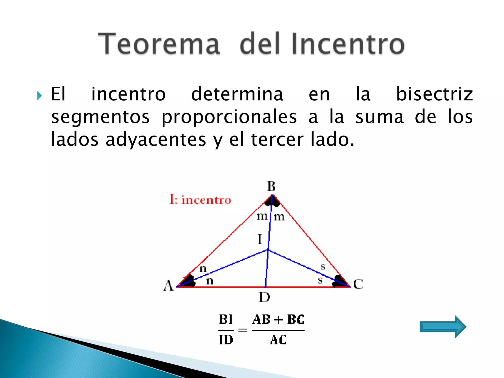    El incentro determina en la bisectriz
    segmentos proporcionales a la suma de los
    lados adyacentes y el tercer lado.
 