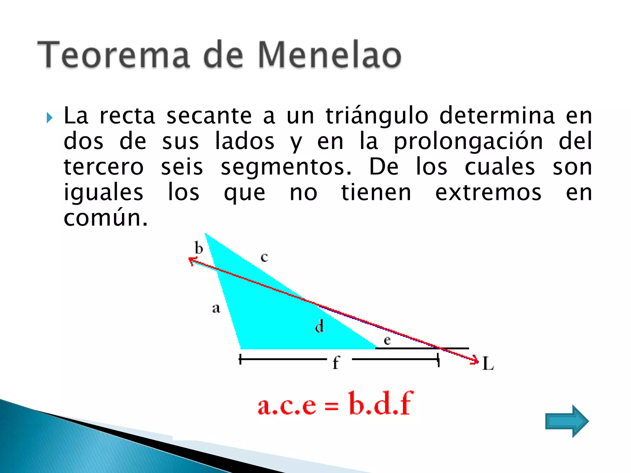    La recta secante a un triángulo determina en
    dos de sus lados y en la prolongación del
    tercero seis segmentos. De los cuales son
    iguales los que no tienen extremos en
    común.
 