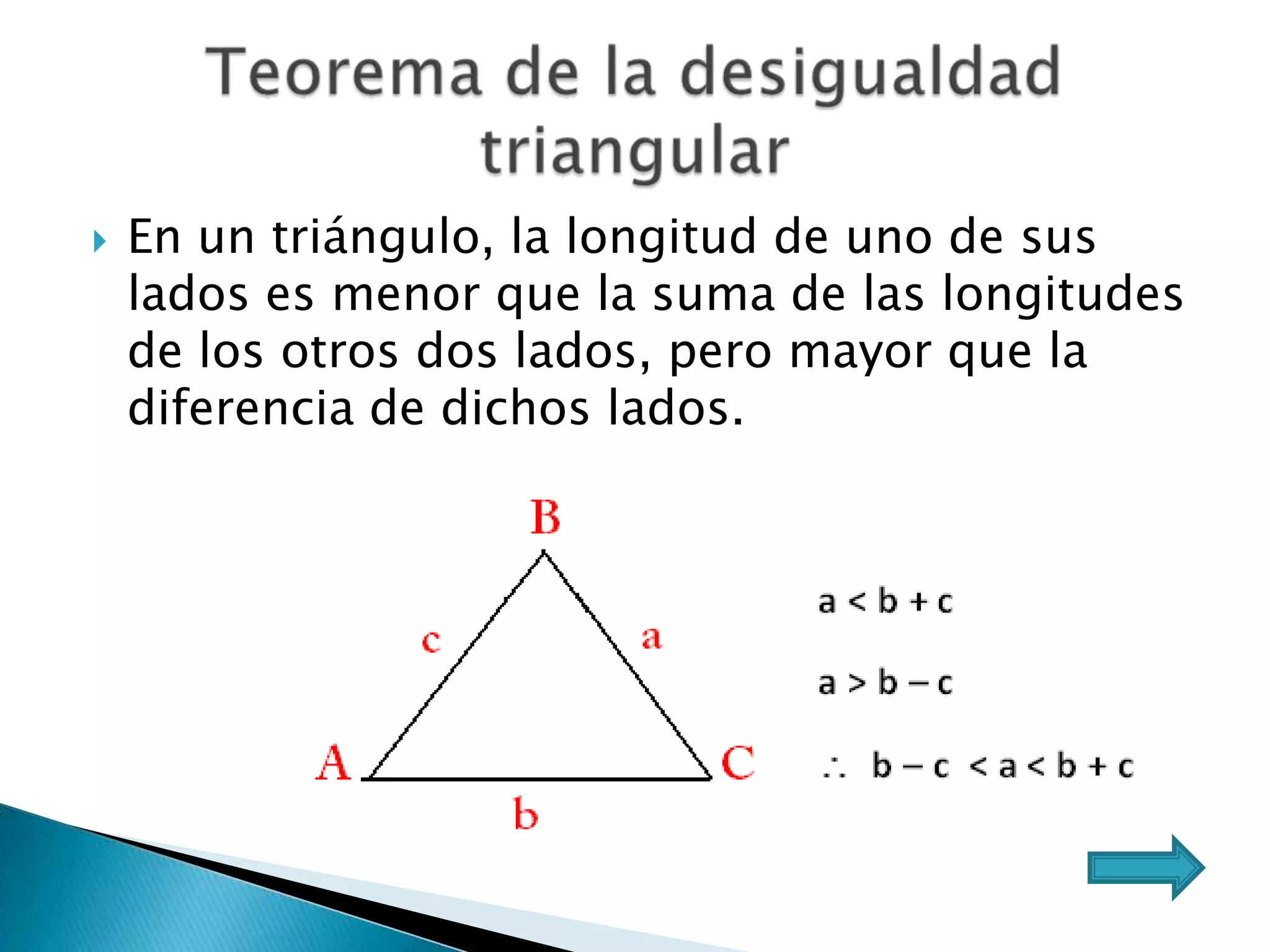    En un triángulo, la longitud de uno de sus
    lados es menor que la suma de las longitudes
    de los otros dos lados, pero mayor que la
    diferencia de dichos lados.
 