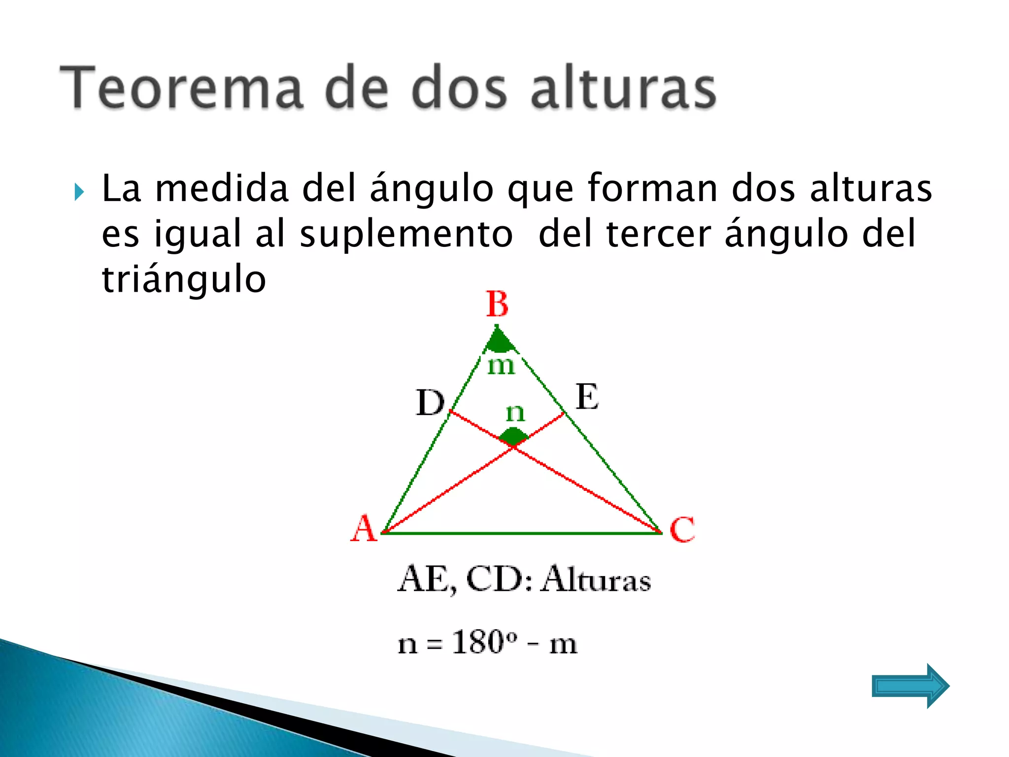    La medida del ángulo que forman dos alturas
    es igual al suplemento del tercer ángulo del
    triángulo
 