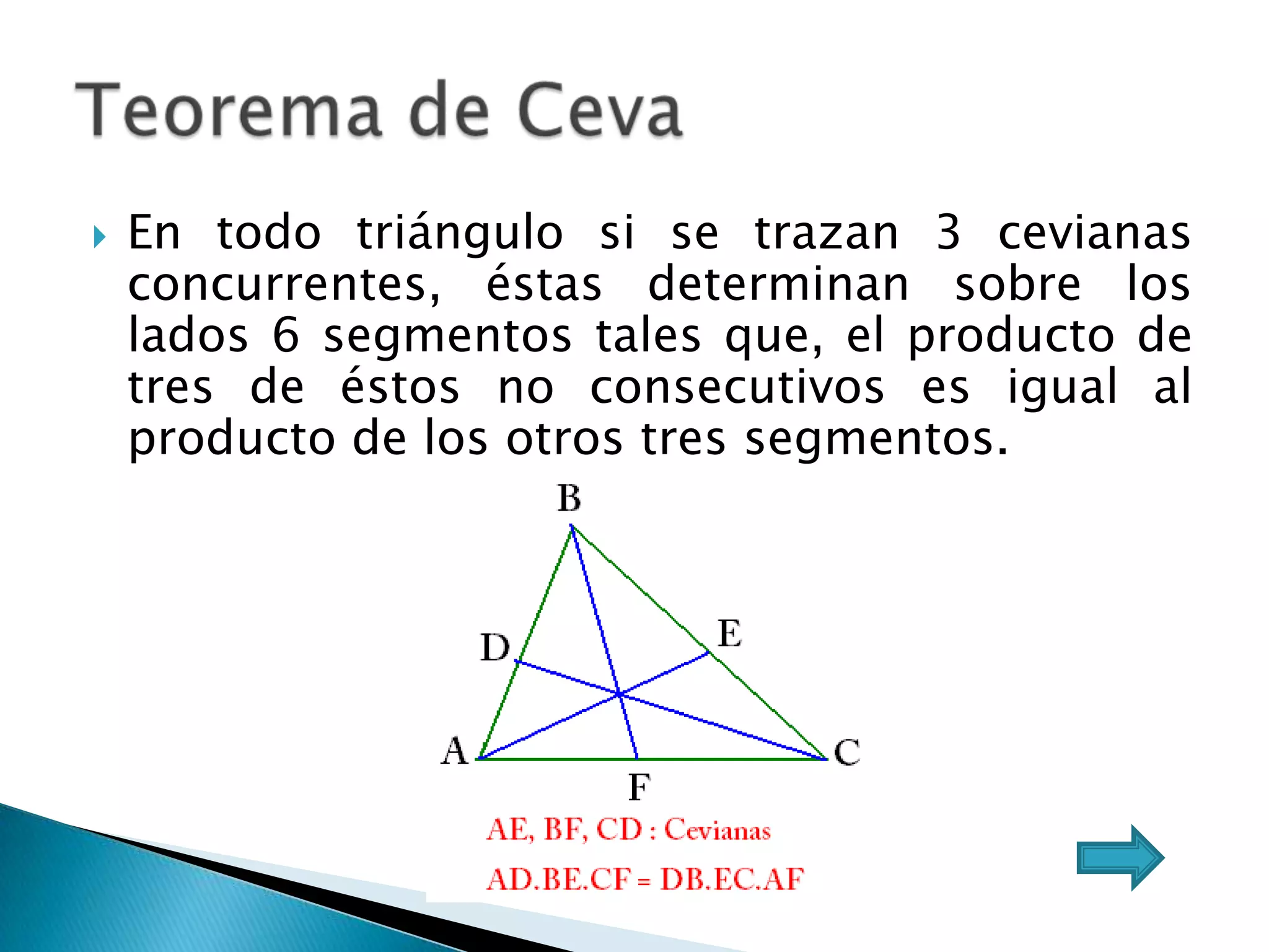   En todo triángulo si se trazan 3 cevianas
    concurrentes, éstas determinan sobre los
    lados 6 segmentos tales que, el producto de
    tres de éstos no consecutivos es igual al
    producto de los otros tres segmentos.
 