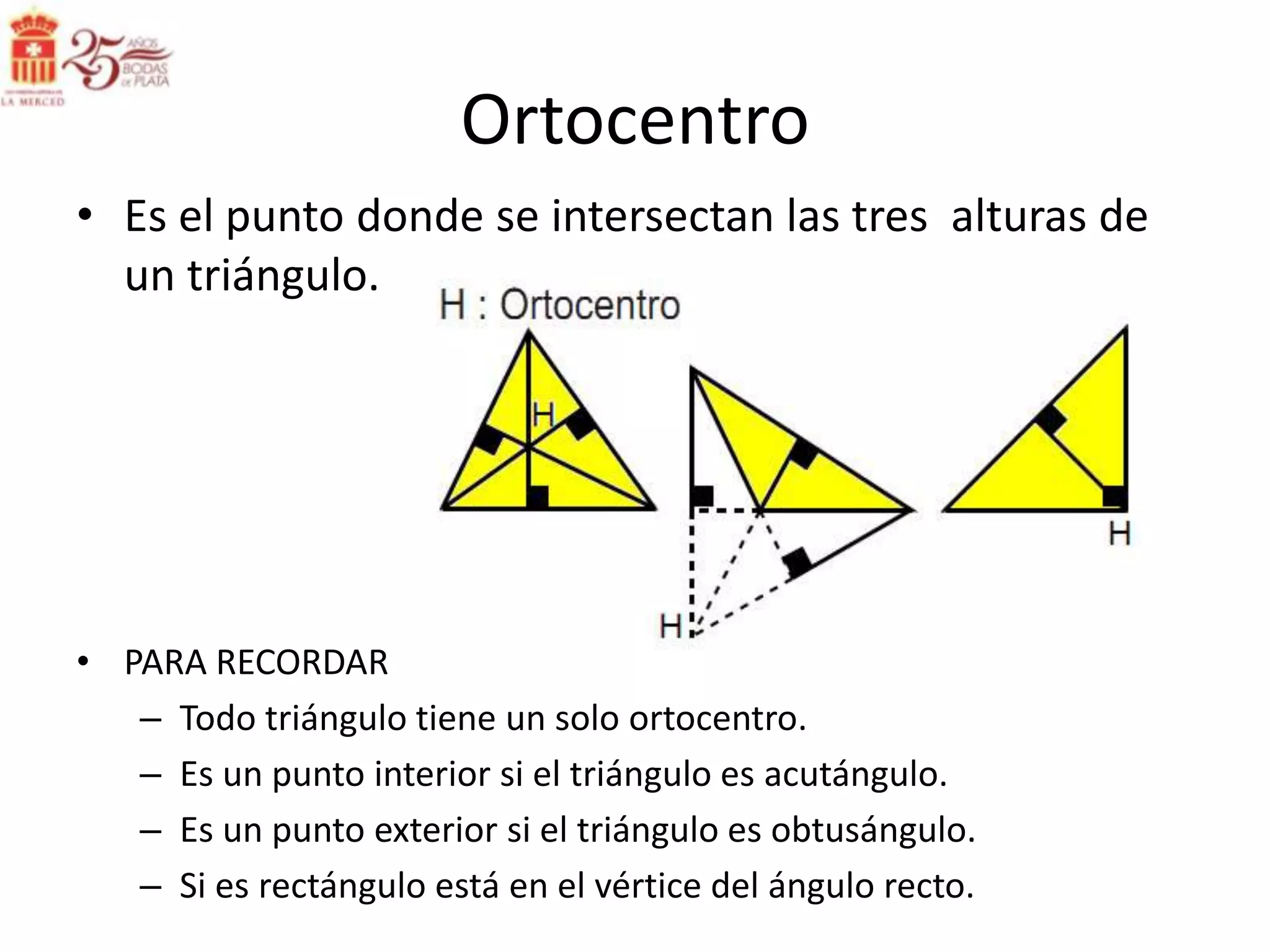 Ortocentro
• Es el punto donde se intersectan las tres alturas de
  un triángulo.




• PARA RECORDAR
   – Todo triángulo tiene un solo ortocentro.
   – Es un punto interior si el triángulo es acutángulo.
   – Es un punto exterior si el triángulo es obtusángulo.
   – Si es rectángulo está en el vértice del ángulo recto.
 