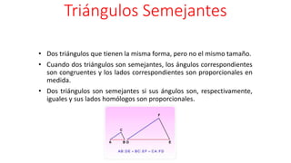 Triángulos Semejantes
• Dos triángulos que tienen la misma forma, pero no el mismo tamaño.
• Cuando dos triángulos son semejantes, los ángulos correspondientes
son congruentes y los lados correspondientes son proporcionales en
medida.
• Dos triángulos son semejantes si sus ángulos son, respectivamente,
iguales y sus lados homólogos son proporcionales.
 