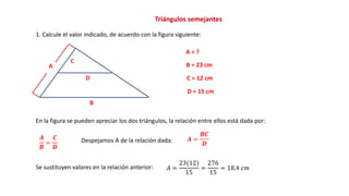 Triángulos semejantes
1. Calcule el valor indicado, de acuerdo con la figura siguiente:
A = ?
C = 12 cm
B = 23 cm
D = 15 cm
En la figura se pueden apreciar los dos triángulos, la relación entre ellos está dada por:
𝑨
𝑩
=
𝑪
𝑫
Despejamos A de la relación dada: 𝑨 =
𝑩𝑪
𝑫
Se sustituyen valores en la relación anterior: 𝐴 =
23(12)
15
=
276
15
= 18.4 𝑐𝑚
 