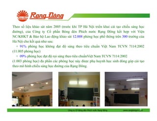 Theo s li u kh o sát năm 2005 (trư c khi TP Hà N i tri n khai c i t o chi u sáng h c
ư ng), c a Công ty C ph n Bóng èn Phích nư c R ng ông k t h p v i Vi n
NC/KHKT & B o h Lao ng kh o sát 12.008 phòng h c ph thông trên 300 trư ng c a
Hà N i cho k t qu như sau:
+ 91% phòng h c không t
sáng theo tiêu chu n Vi t Nam TCVN 7114:2002
(11.005 phòng h c)
+ 09% phòng h c t r i sáng theo tiêu chu nVi t Nam TCVN 7114:2002
(1.003 phòng h c) a ph n các phòng h c này ư c ph huynh h c sinh óng góp c i t o
theo mô hình chi u sáng h c ư ng c a R ng ông.

Công ty CP Bóng èn Phích nư c R ng

ông

3
www.rangdongvn.com

 