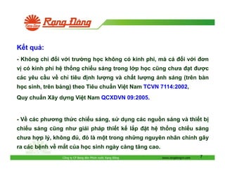K t qu :
- Không ch

i v i trư ng h c không có kinh phí, mà c

i v i ơn

v có kinh phí h th ng chi u sáng trong l p h c cũng chưa
các yêu c u v ch tiêu

t ư c

nh lư ng và ch t lư ng ánh sáng (trên bàn

h c sinh, trên b ng) theo Tiêu chu n Vi t Nam TCVN 7114:2002,
Quy chu n Xây d ng Vi t Nam QCXDVN 09:2005.

- V các phương th c chi u sáng, s

d ng các ngu n sáng và thi t b

chi u sáng cũng như gi i pháp thi t k l p
chưa h p lý, không

t h th ng chi u sáng

, ó là m t trong nh ng nguyên nhân chính gây

ra các b nh v m t c a h c sinh ngày càng tăng cao.
Công ty CP Bóng èn Phích nư c R ng

ông

www.rangdongvn.com

7

 