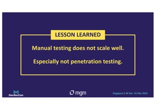 Singapore | 28 Feb - 01 Mar 2019
Manual testing does not scale well.
Especially not penetration testing.
LESSON LEARNED
 