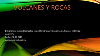 VOLCANES Y ROCAS
Integrantes: trinidad Gonzales, Leslie Hernández, yulixa oliveros, Manuel cisternas.
curso: 7°a
Fecha: 28-08-2019
Asignatura: naturaleza
 