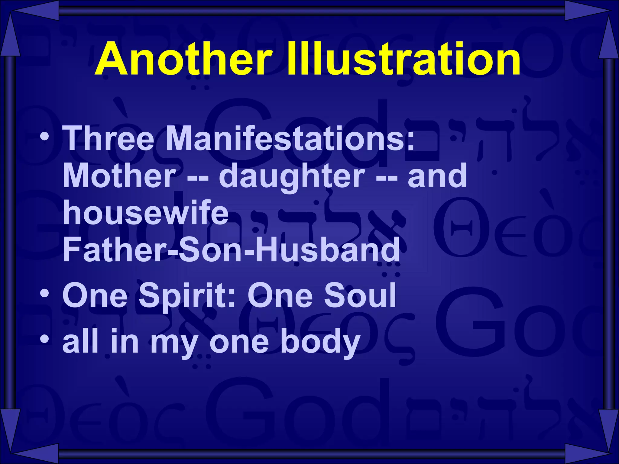 Another Illustration Three Manifestations: Mother -- daughter -- and housewife Father-Son-Husband One Spirit: One Soul  all in my one body 