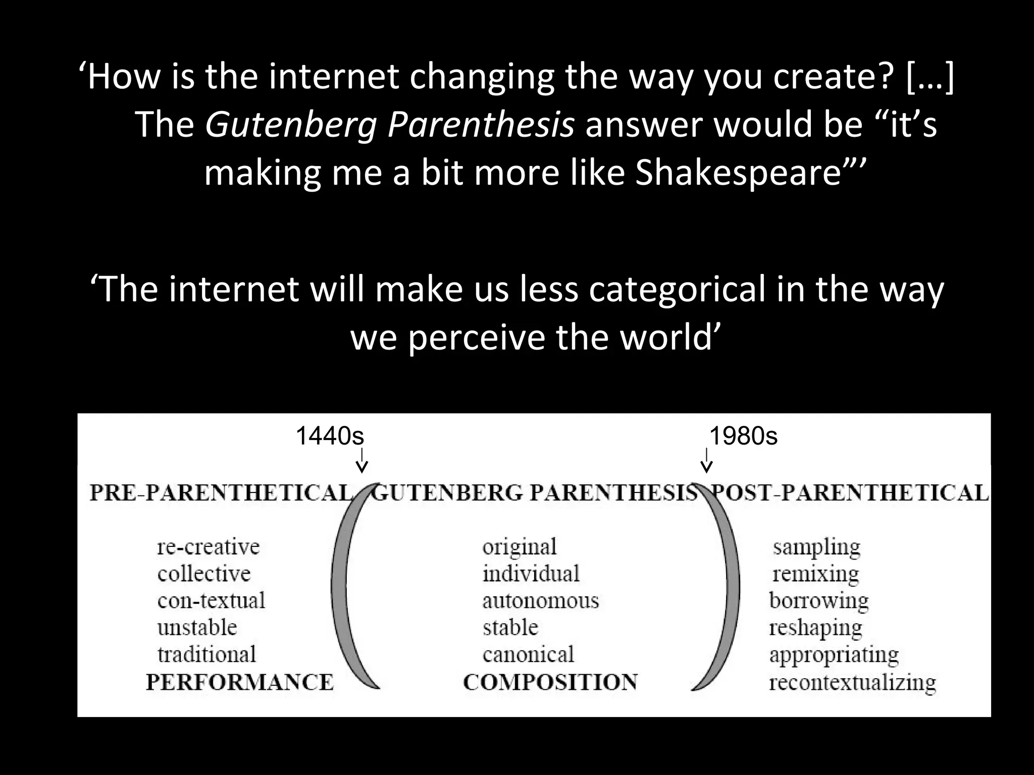 ‘How is the internet changing the way you create? […]
   The Gutenberg Parenthesis answer would be “it’s
        making me a bit more like Shakespeare”’

‘The internet will make us less categorical in the way
                we perceive the world’

             1440s                     1980s
 