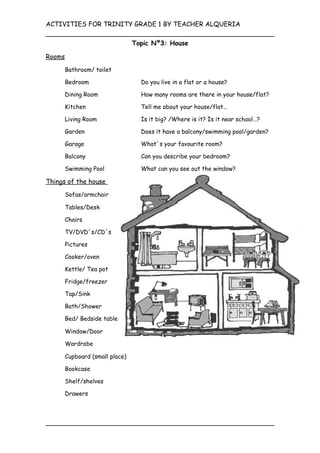 ACTIVITIES FOR TRINITY GRADE 1 BY TEACHER ALQUERIA

                                 Topic Nº3: House

Rooms

        Bathroom/ toilet

        Bedroom                    Do you live in a flat or a house?

        Dining Room                How many rooms are there in your house/flat?

        Kitchen                    Tell me about your house/flat…

        Living Room                Is it big? /Where is it? Is it near school…?

        Garden                     Does it have a balcony/swimming pool/garden?

        Garage                     What´s your favourite room?

        Balcony                    Can you describe your bedroom?

        Swimming Pool              What can you see out the window?

Things of the house

        Sofas/armchair

        Tables/Desk

        Chairs

        TV/DVD´s/CD´s

        Pictures

        Cooker/oven

        Kettle/ Tea pot

        Fridge/freezer

        Tap/Sink

        Bath/Shower

        Bed/ Bedside table

        Window/Door

        Wardrobe

        Cupboard (small place)

        Bookcase

        Shelf/shelves

        Drawers
 
