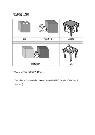 In                Next to                   Under




                   Between                                  On


Where is the rabbit? It´s....



(The chair/ The box- the boxes/ the small table/ the clock/ the pencil

case, etc.)
 
