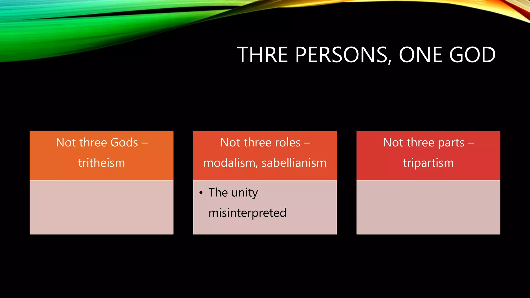 THRE PERSONS, ONE GOD
Not three Gods –
tritheism
Not three roles –
modalism, sabellianism
• The unity
misinterpreted
Not three parts –
tripartism
 